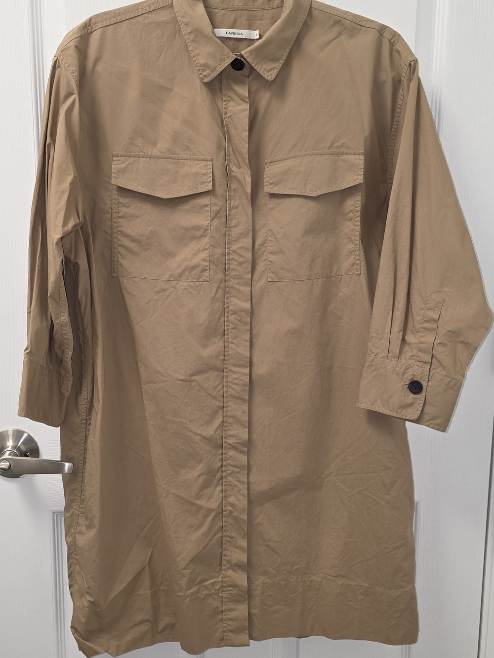 Lis Lareida Tan Cotton Short Sleeve Button Down Shirt Dress Clarice Lagenlook 42